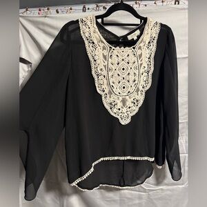 Umgee Sheer Black Blouse with Cream Lace Detail